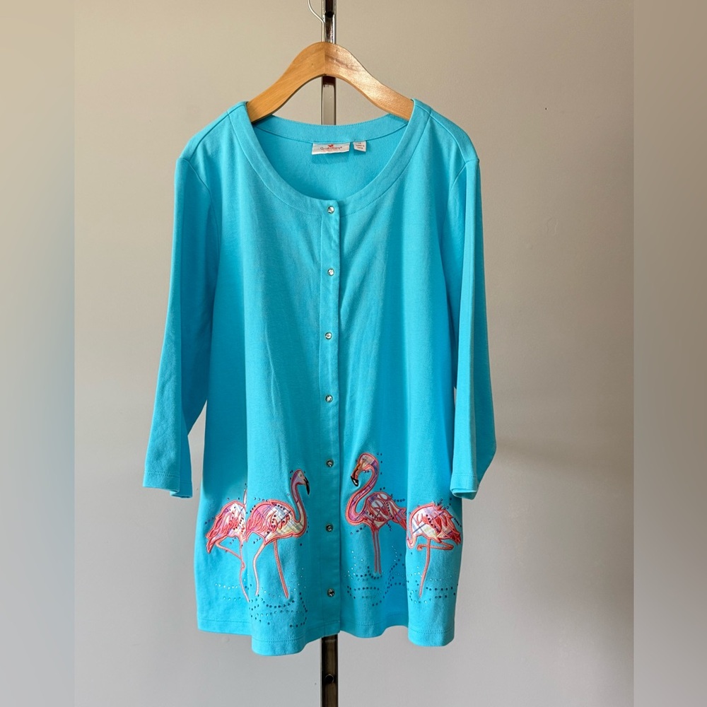 Quacker Factory Blue Jacket Flamingos Beaded Embroidered Rhinestones SIZE: 1X
